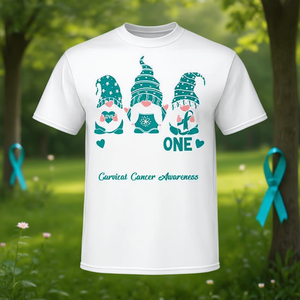 T-shirt Gnome One Fights Alone con nastro verde acqua, abbigliamento promozionale per la sensibilizzazione sul cancro cervicale - Product Image 3