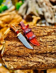 Couteaux de chasse en acier Damas en gros, couteaux à lame fixe pour le camping et le bushcraft avec étui en cuir fin, couteaux en acier personnalisés - Product Image 2