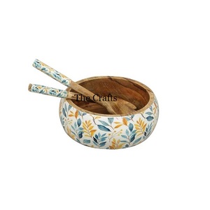 Printed Wooden Food <b>Serving</b> Bowl With 2 <b>Spoon</b> Highest Quality Round Shape Food <b>Serving</b> Bowl At Acceptable Price - Product Image 1