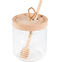 Venta caliente tarro de miel soporte de contenedor de vidrio con tapa de acacia de madera y cucharón tarro de almacenamiento de alimentos de vidrio de alta calidad con tapa