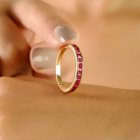 Cincin Emas Kuning 14K Asli Model Half Eternity dengan Batu Ruby Potongan Kotak Alami, Desain Klasik Elegan, Harga Terbaik, Hadiah Mewah untuk Wanita