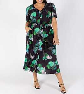 Vestido de verano estampado para mujer, Vestido de playa informal para exteriores de talla grande para mujer, nuevo diseño, estampado tropical en una base verde, vestidos de mujer - Product Image 2