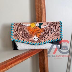 Cartera de mano tallada a mano con patrón occidental, Cartera de piel de vaca de cuero genuino elegante, carteras de cuero occidental de usos múltiples - Product Image 1