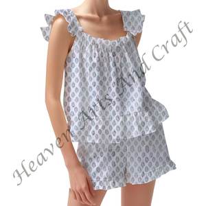 Confortable 100% coton Shorts pyjama ensemble doux indien Floral printemps/été Floral ajusté à bretelles à volants garniture manches PJ ensemble - Product Image 4