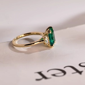 Vintage Bridal Engagement <b>Ring</b> Gold <b>Emerald</b> Three Stone Prong Setting Anniversary/Birthday Gift for Her Third Party Certified - Product Image 2