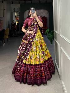 Women's Traditional Tussar Silk Lehenga Choli <b>Set</b> Elegant <b>Modest</b> Patola Print Zari Weaving Border for Parties Budget-Friendly - Product Image 3