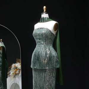 Robe de soirée de luxe Jancember LSZ781 vert foncé, élégante robe sirène, robe de soirée formelle lourdement perlée avec long châle - Product Image 4