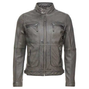 Chaqueta de Cuero Gris Desgastado de Moda para Hombre, Cuello Mao, Cinturón Ajustable, Bolsillos con Cremallera, Estilo Urbano para Invierno - Product Image 1