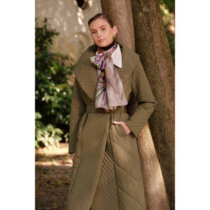 Manteau parka long matelassé kaki pour femme avec ceinture, style formel à double boutonnage, taille XL - Product Image 1