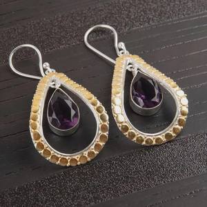 Boucles d'oreilles en améthyste faites à la main, forme de poire, argent sterling, bijoux bicolores, cadeau élégant pour femmes, design bohème - Product Image 2