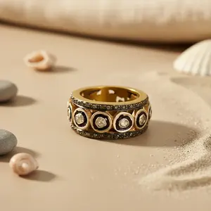 Anillo de Diseño para Mujer, Chapado en Oro de 18K con Diamantes Negros, Incrustaciones Geométricas Modernas, Talla Única, Joyería Cristiana, Aleación Clásica - Product Image 2