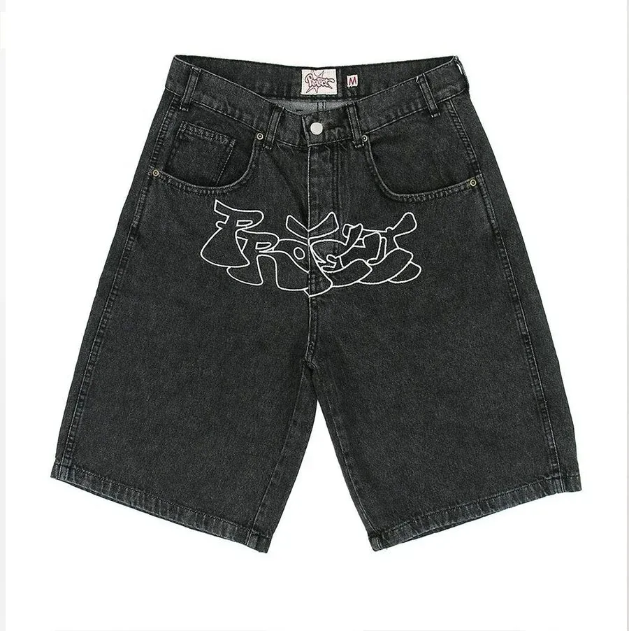 Geringe MOQ Stickerei Denim Waschshorts individuelle Herren Streetwear Denim Baggy Shorts / Denim Pullover für Herren