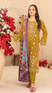 Conjunto de Kurta, Pantalones y Dupatta Semi-Cosidos con Bordado para Mujer - Product Image 3