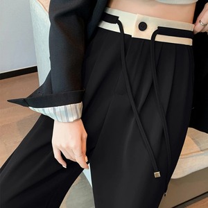 Vintage Colorblock suelta mujer pierna ancha pantalón completo 2025 Nueva cintura alta Primavera Verano con cordones Casual minimalismo Pantalones rectos - Product Image 3