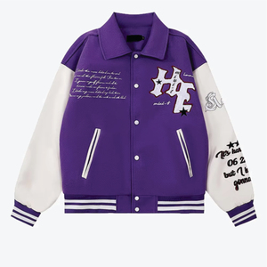 Chaqueta de béisbol de lana personalizada con cuello levantado, estilo universitario de moda, cierre de botón informal, tela, apliques bordados en la parte delantera - Product Image 1