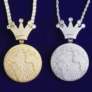 Pendentif pour homme en alliage de zinc 24K avec zircon, style hip-hop, thème Roi du Monde, en forme de globe, cadeau - Product Image 6