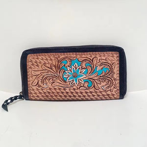 Portefeuille fleur Turquoise en cuir repoussé à la main élégant en cuir véritable fermeture éclair Continental sac à main Western portefeuille porte-cartes cadeaux pour elle - Product Image 2