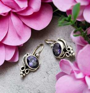 Boucles d'oreilles pendantes en améthyste, argent sterling fait à la main, pierre de naissance de février, bijoux élégants, cadeau pour femmes, design bohème - Product Image 5