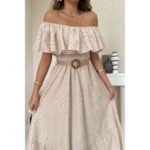 Beige Off-Shoulder Broderie Anglaise <b>Dress</b> - Beige - Product Image 5
