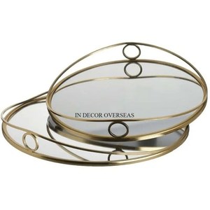 Magnifique Look Designer Argent Brillant Métal Poli Encadré Forme Ronde Miroir De Luxe Plateau De Service Maison & Hôtel Table Centre De Table - Product Image 5