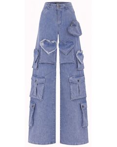 Pantalon cargo en jean à taille haute et jambes larges pour femmes, personnalisé par le fabricant, bleu, avec patch en forme de cœur, multi-poches, streetwear, jeans tendance - Product Image 1
