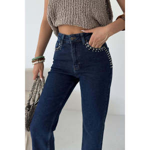 Jean Mom Fit orné de pierres 7023 - Bleu foncé délavé effet neige - Product Image 5