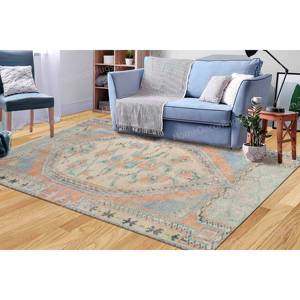 Alfombra con Estampado Floral, Alfombra Grande de Estilo Anatolín Turco en Azul Desteñido, Alfombra de Terciopelo de Lujo - Product Image 1