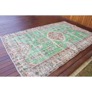 Tapis turc vintage 5,7x8,5 pi (174x259 cm), tapis en laine vert patchwork - Product Image 2