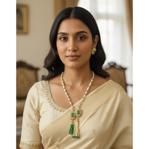 Green Dublet <b>Emerald</b> Polki Long Choker <b>Necklace</b> Set with Earrings for Weddings - Product Image 2