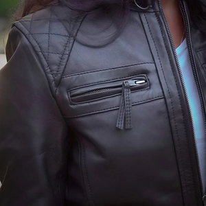 Custom Women Sheep <b>Skin</b> Quilted Biker Jacket Zipper Style High Quality Windproof Motorcycle Outerwear OEM ODM Private Label - Product Image 5