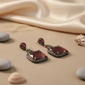 Boucles d'oreilles pendantes de luxe pour femme, plaquées or 18 carats, serties de rubis, forme géométrique, bijoux de mariage, pierres précieuses rouges - Product Image 3