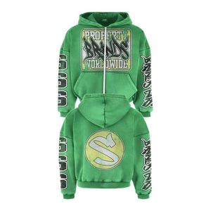 Sweat à capuche lourd de qualité supérieure lavé à l'acide surdimensionné unisexe zippé Streetwear à la mode avec logo imprimé 100% coton éponge française - Product Image 4