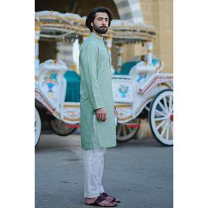 Vêtements traditionnels chinois pour homme, robe de mariage à manches longues, couleur vert sauge unie, Rehan - Product Image 3