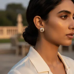 Boucles d'oreilles clous tendance pour femme en argent, avec zircon cubique couleur champagne, bijoux religieux, plaqué rhodium, zircon et perle, cadeau de fête, Art Palace, fabriqué en Inde - Product Image 2