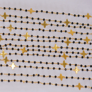 Perles de quartz noir de qualité supérieure et chaîne de chapelet plaqué or avec suiveur d'étoile de feuille. Chaîne perlée en fil métallique pour la fabrication de bracelets bijoux - Product Image 3