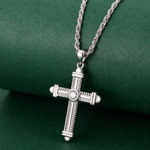 Collier Hip Hop en argent sterling 925 plaqué or avec pendentif croix rond à 1 diamant taille brillant pour femmes et hommes - Product Image 2