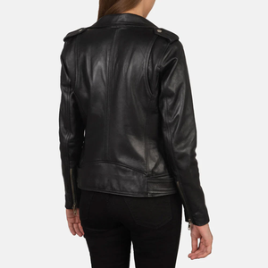 Manteau moto slim en peau de mouton noir audacieux pour femme, style motard, doublure en nylon à motif uni, vêtement d'extérieur doux - Product Image 4