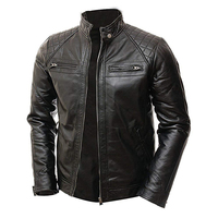Gerçek deri koyun derisi Quilted ine fermuar erkekler Biker ceket kapitone siyah astar ve dış cepler erkek deri ceket içinde