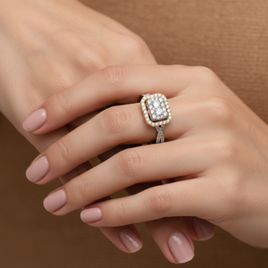 Bague de fiançailles personnalisée en or avec halo de diamants rectangulaire, bande torsadée, bijoux - Product Image 3