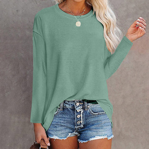 Camisetas elegantes de manga larga de algodón sólido, ropa de mujer, camisetas que combinan con todo el cuello redondo, camiseta femenina para hombres - Product Image 5