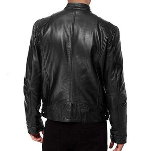 Chaqueta de motociclista de cuero casual al por mayor de fábrica con logo personalizado, cuello alto, corte ajustado y bolsillos con cremallera para hombre - Product Image 2