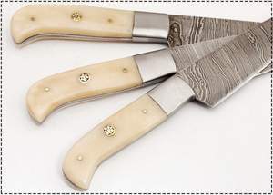 Juego de cuchillos de cocina de hoja de acero damasco personalizable de 3 piezas hecho a mano con refuerzo de acero y hueso Soporte OEM - Product Image 4