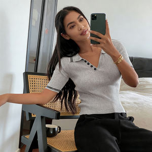 Novedad 2026: Top Polo <span class=keywords><strong>de</strong></span> Punto Acanalado Azul Marino para <span class=keywords><strong>Mujer</strong></span>, Corte Ajustado, con Ribete en Contraste, Manga Corta, Prenda <span class=keywords><strong>de</strong></span> Punto Informal - Product Image 2