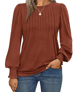 Blusa de Manga Larga Color Marrón Sólido para Mujer con Cuello Redondo y Diseño Plisado en la Parte Delantera, Estilo Vestido Informal de Longitud Regular para Uso Diario - Product Image 1