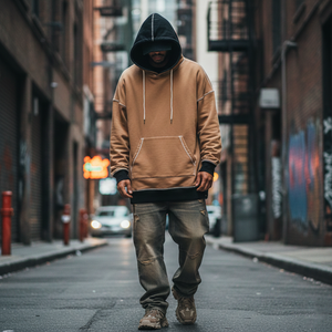 Sweat-shirt à capuche surdimensionné à double couche, style streetwear pour homme, hiver, noir et tan contrastés, impression numérique - Product Image 1