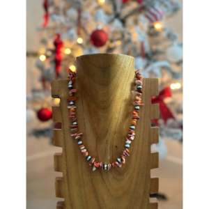 Collier Navajo en argent sterling et perles d'huîtres rouges/oranges pour occasions spéciales - Product Image 1