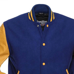 Men Royal Blue Melton <b>Wool</b> and Light <b>Gold</b> Leather Varsity Letterman Jacket - Product Image 2