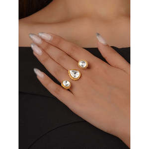 Bague Faux Polki Plaquée Or Couleur Blanche PK-R41 Bijou de Doigt Tendance et Élégant avec Incrustation Placage Or 18K - Product Image 4