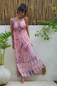 Rosa verano Tie Dye espalda descubierta largo mujeres Casual bohemio Floral sin mangas Maxi vestido Tie Dye Boho playa Maxi para mujeres - Product Image 4