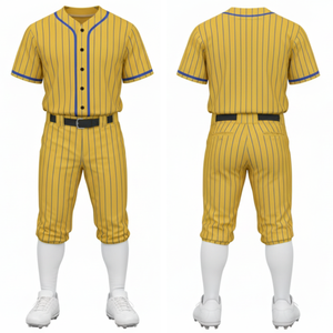 Uniforme de Béisbol Profesional con Rayas Amarillas y Azules, Jersey con Botones y Ribete en Contraste, y Pantalones - Product Image 1